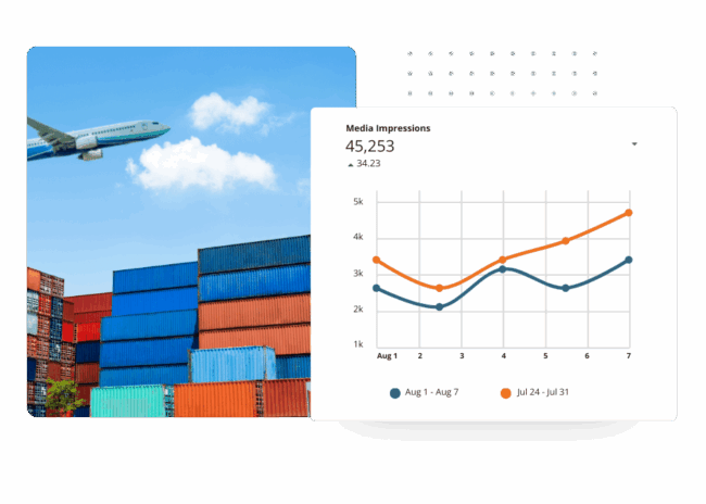 A screen showing a plane flying over a container ship, showcasing strategic branding services.