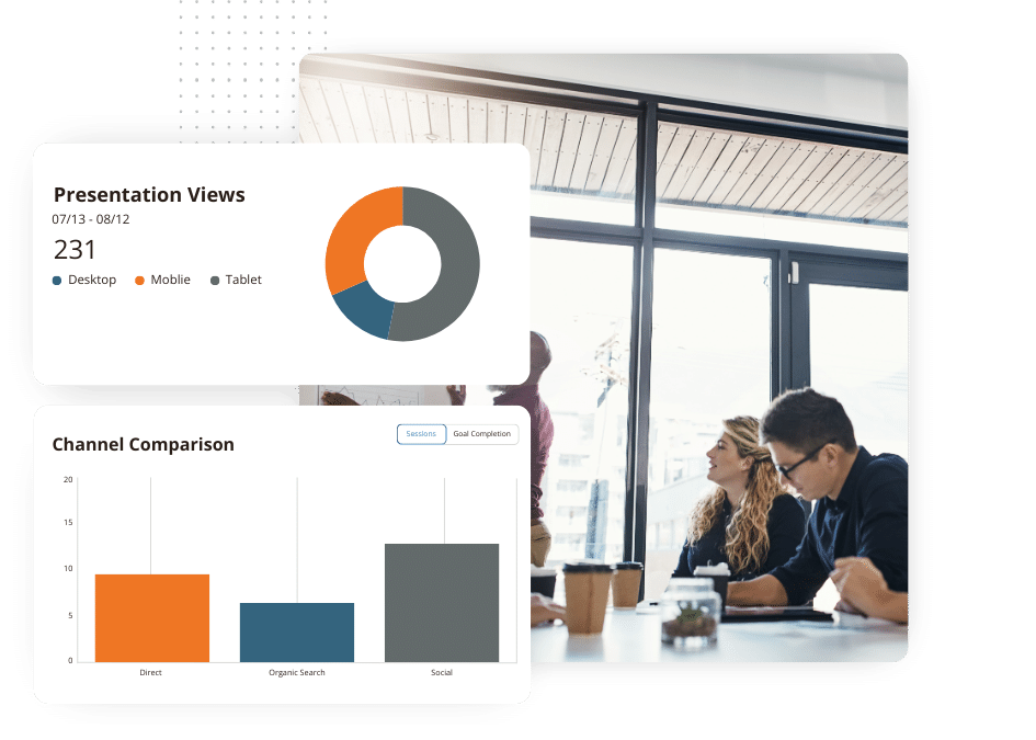 Business team in meeting with analytics of presentation views and channel performance.