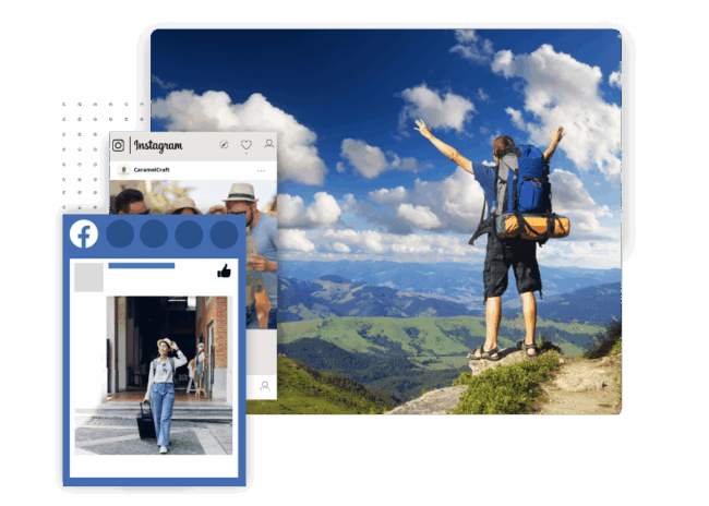 Hiker celebrating atop a mountain with social media interface overlays