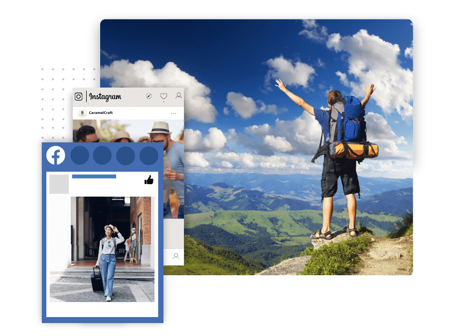 Hiker celebrating atop a mountain with social media interface overlays