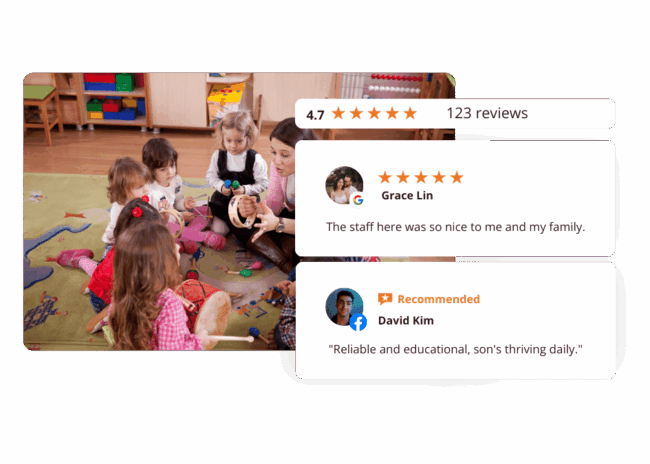 Trusted Childcare Services – Client Testimonials Children in a playgroup with a review widget overlay showing positive feedback.