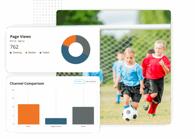 Youth Soccer Program Analytics Analytics data overlay on children playing soccer