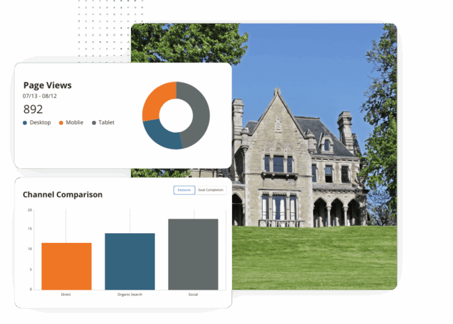 Analytics overlay on a historic university building backdrop