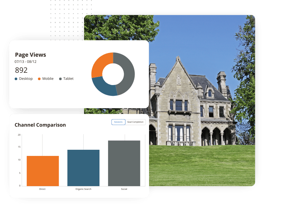 Analytics overlay on a historic university building backdrop