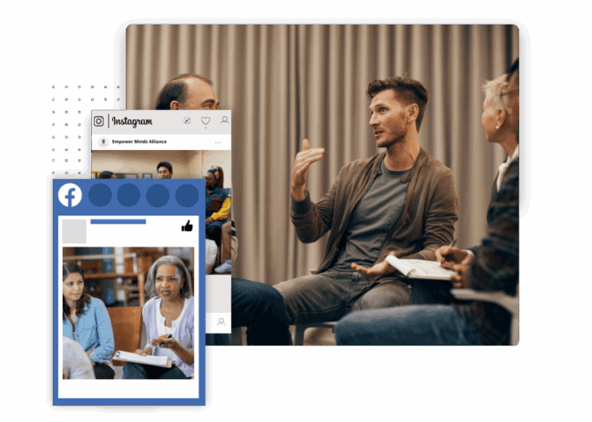 Social Engagement and Learning Tablet and phone showing social posts with a speaker in the background