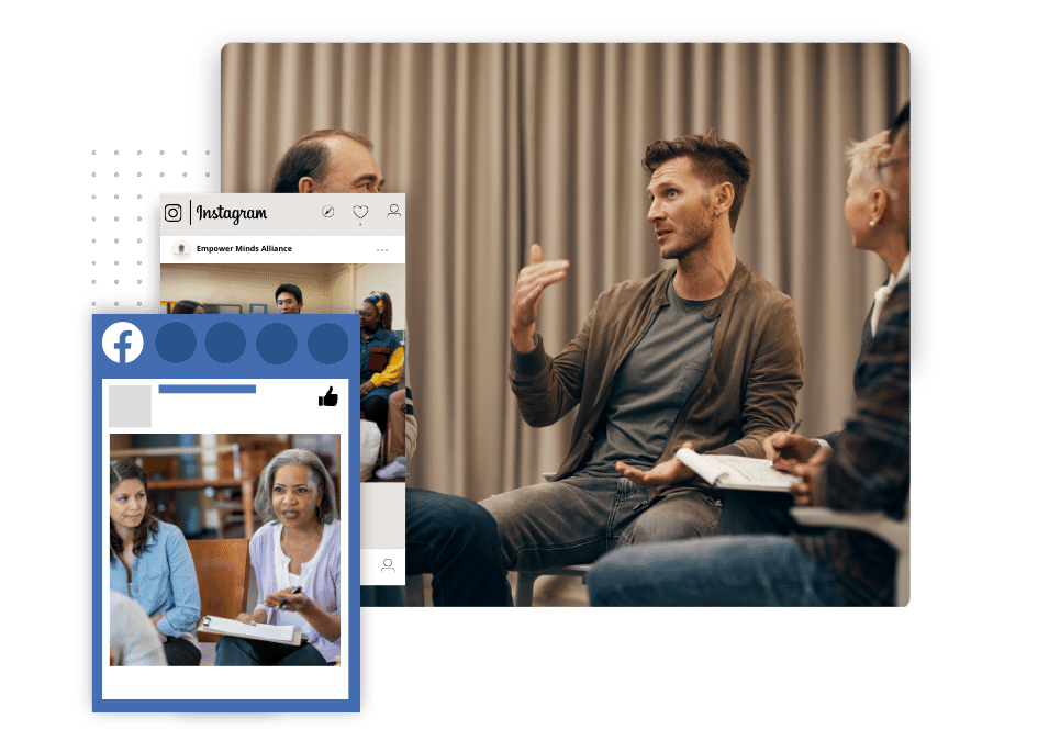 Tablet and phone showing social posts with a speaker in the background