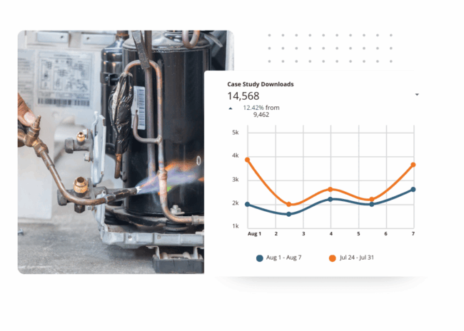 HVAC Maintenance and Data Analytics Technician soldering air conditioner components with case study downloads graph.