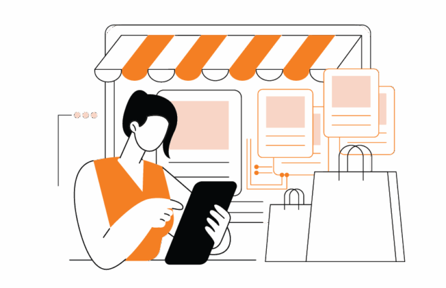 Digital Shopping Experience Customer using tablet outside a shop with bags.
