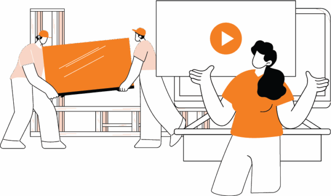 Team Collaboration and Presentatio Abstract image of workers carrying materials and a woman presenting a video.