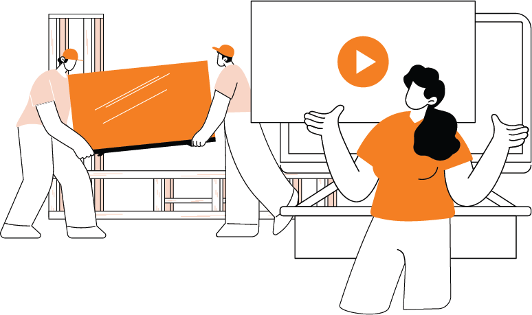 Abstract image of workers carrying materials and a woman presenting a video.